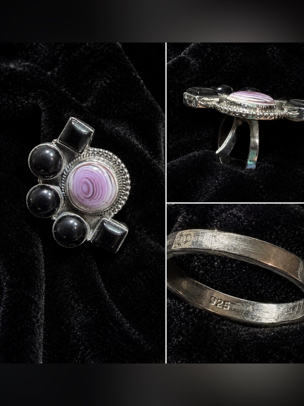 New Adjustable Sterling Silver Wampum & Black Onyx Statement Ring